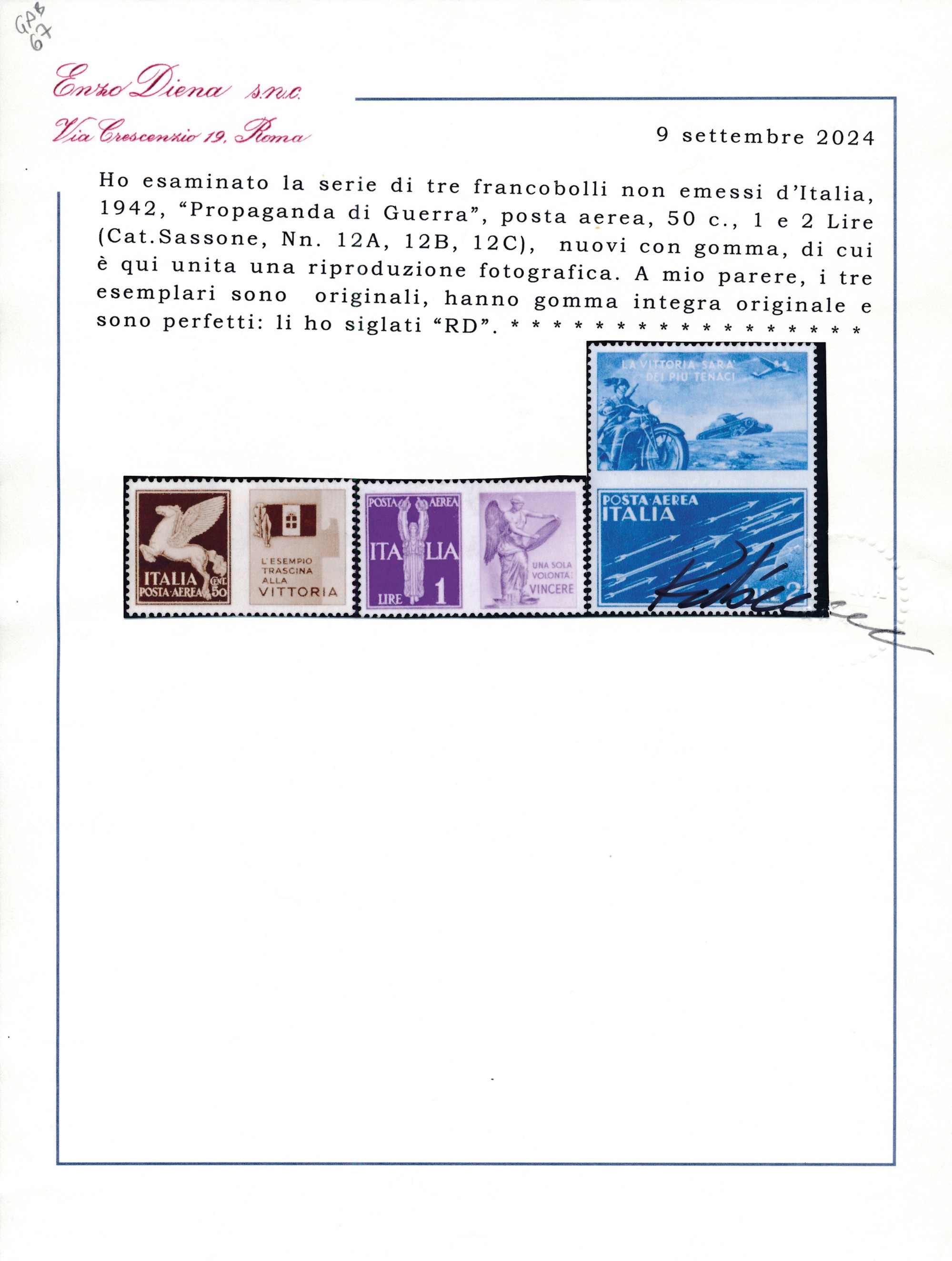 1942 – Regno D’italia – Propaganda di Guerra – Francobolli di Posta Aerea con Appendice di Propag...