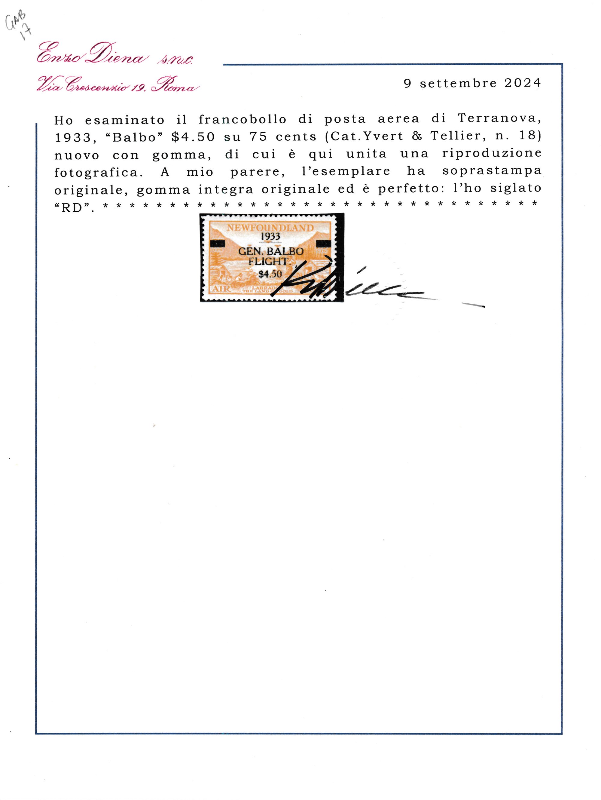1933 – Terranova – Posta Aerea – Crociera Aerea del Generale Balbo – 4,50$ su 75 Cent. (yvert 18)...