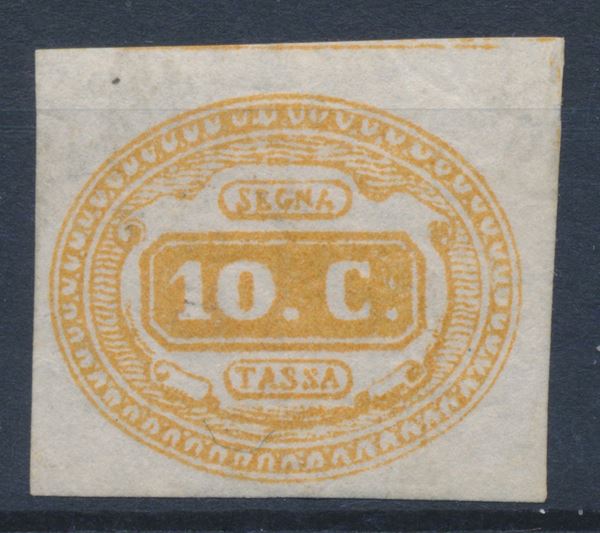 1863 – Regno d’Italia – Segnatasse – Cifra in ovale – 10 cent. ocra (Sass. 1a).