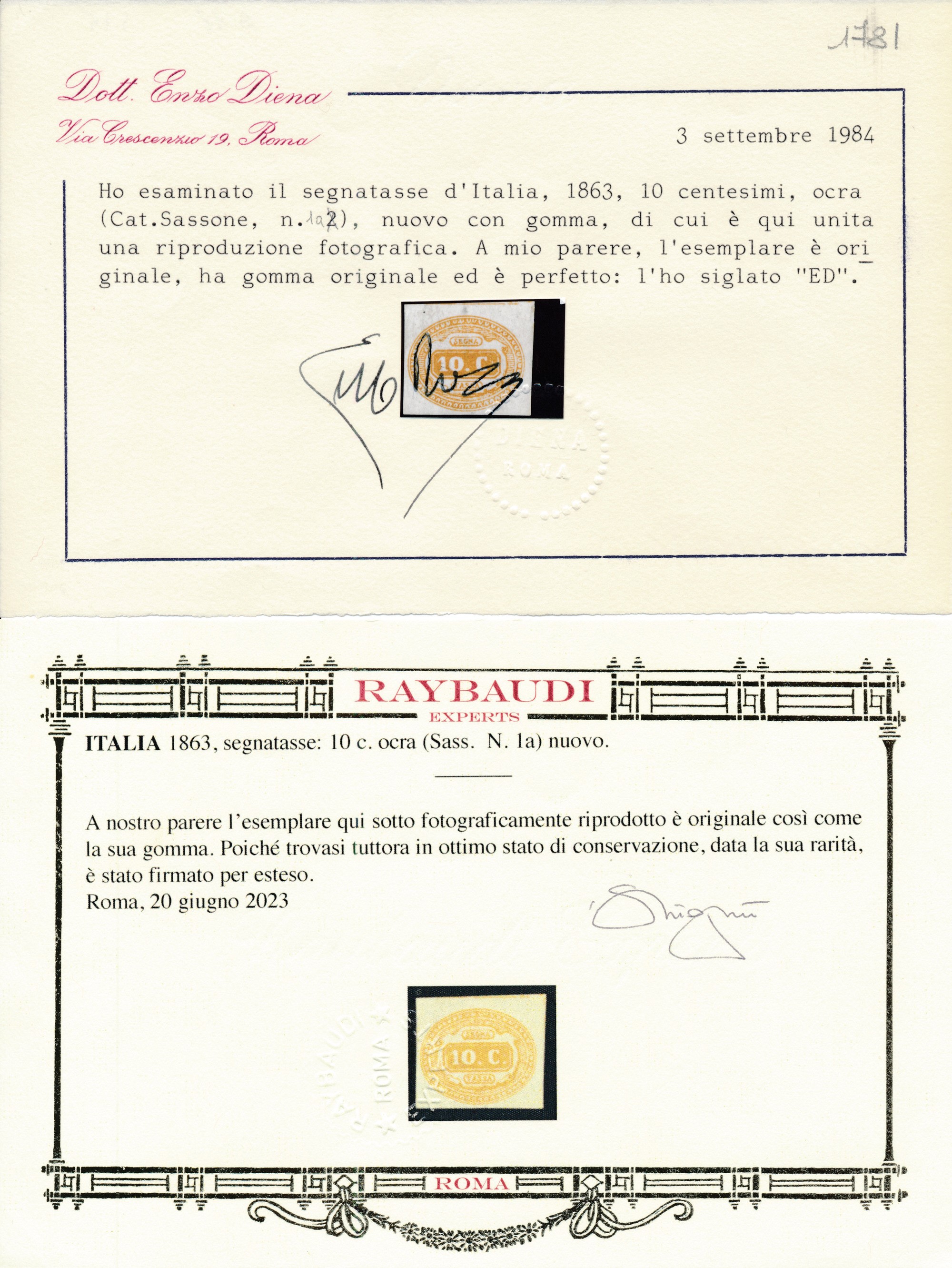 1863 – Regno D’italia – Segnatasse – Cifra in Ovale – 10 Cent. Ocra (sass. 1a).