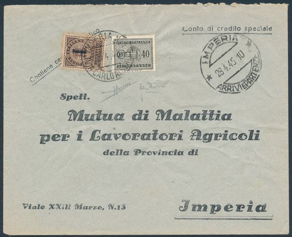 1944 – Repubblica Sociale Italiana – Recapito autorizzato –  Busta da Imperia a città con 10 cent. bruno soprastampa “fascetto” e, Regno 1934, 40 cent. grigio bruno (Sass. 4 e 39) in affrancatura mista d’emergenza per 50c. come tassa semplice a carico annullo circolare IMPERIA n. 1 / (VIA CARLO ARBERTO) / 30.4.44.