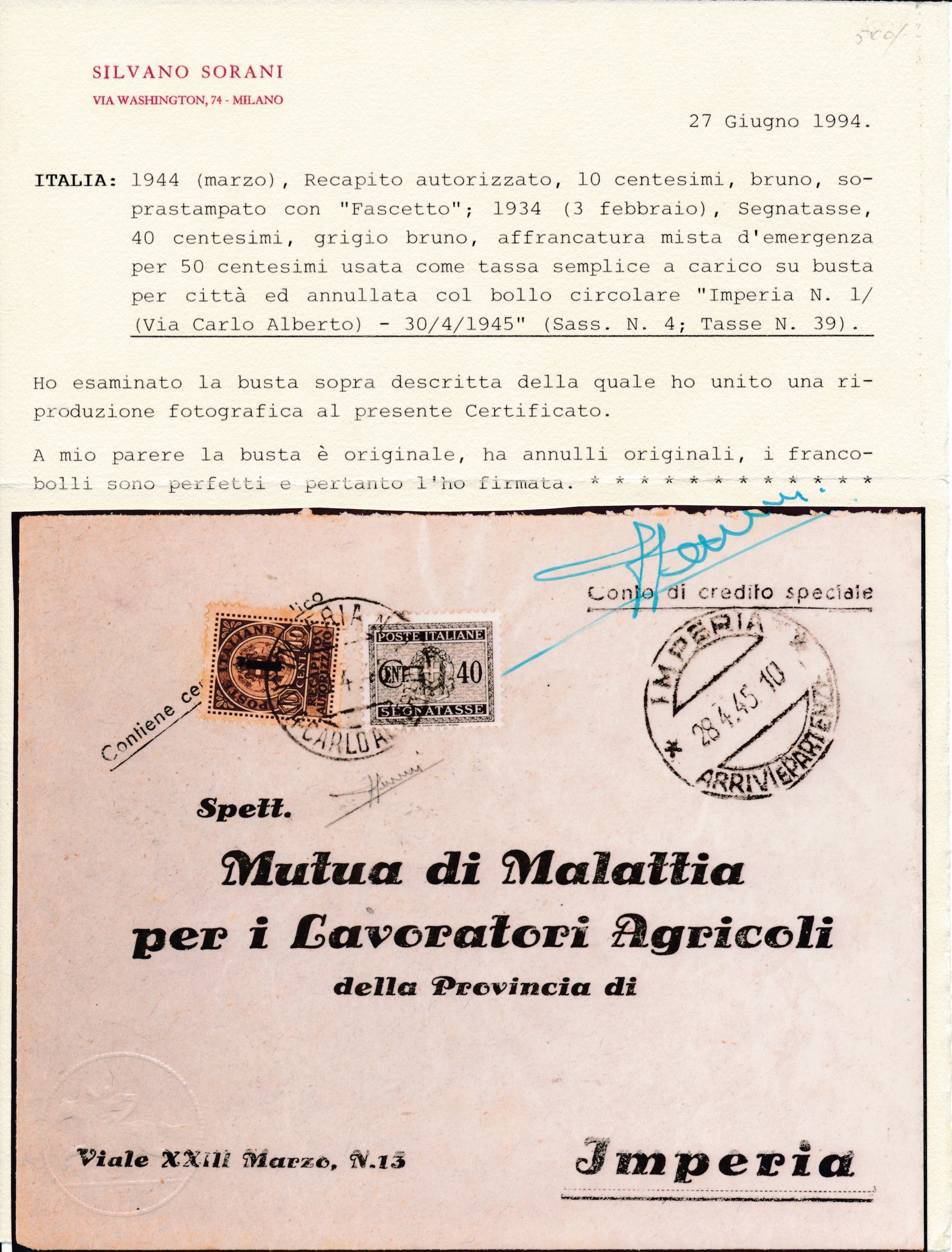 1944 – Repubblica Sociale Italiana – Recapito Autorizzato – Busta da Imperia a Città con 10 Cent....