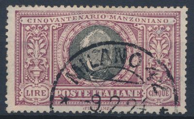 1923 – Regno D’italia – Cinquantenario della Morte di Alessandro Manzoni – 5 Lire Violetto e Nero...
