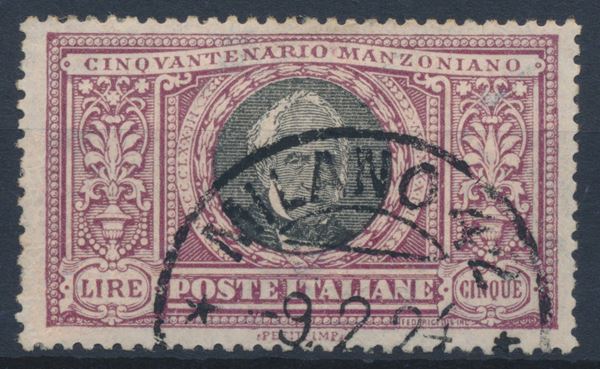 1923 – Regno d’Italia – Cinquantenario della morte di Alessandro Manzoni – 5 lire violetto e nero usato (Sass. 156) annullato con Annullo Circolare MILANO 42 / VIA CURTATONE / -9.2.24, fuori validità ma ancora tollerato.