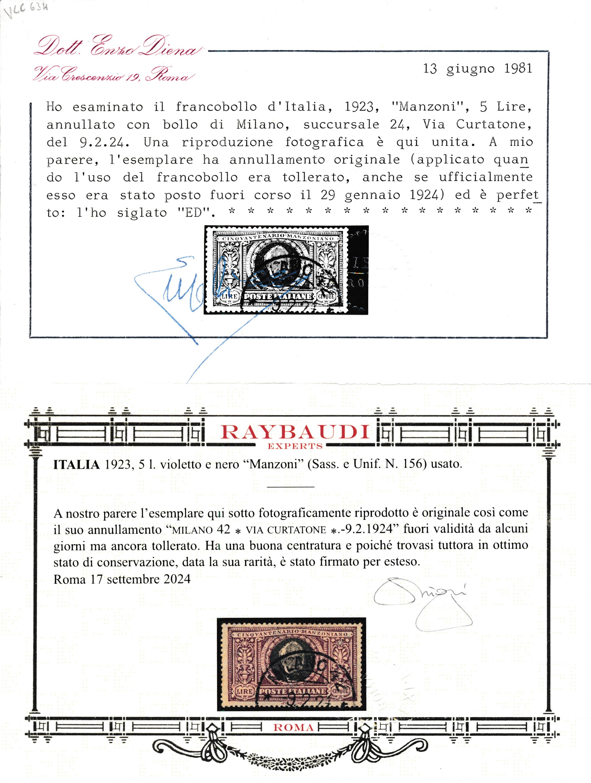 1923 – Regno D’italia – Cinquantenario della Morte di Alessandro Manzoni – 5 Lire Violetto e Nero...