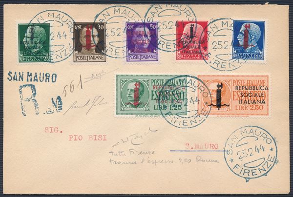 1944 – Repubblica Sociale Italiana – Raccomandata da San Mauro (FI) a città affrancata con la serie completa dei francobolli ordinari R.S.I., Tiratura di Firenze (Sass. S. 107) e con i due espressi, di cui il 2,50 tiratura Roma.
