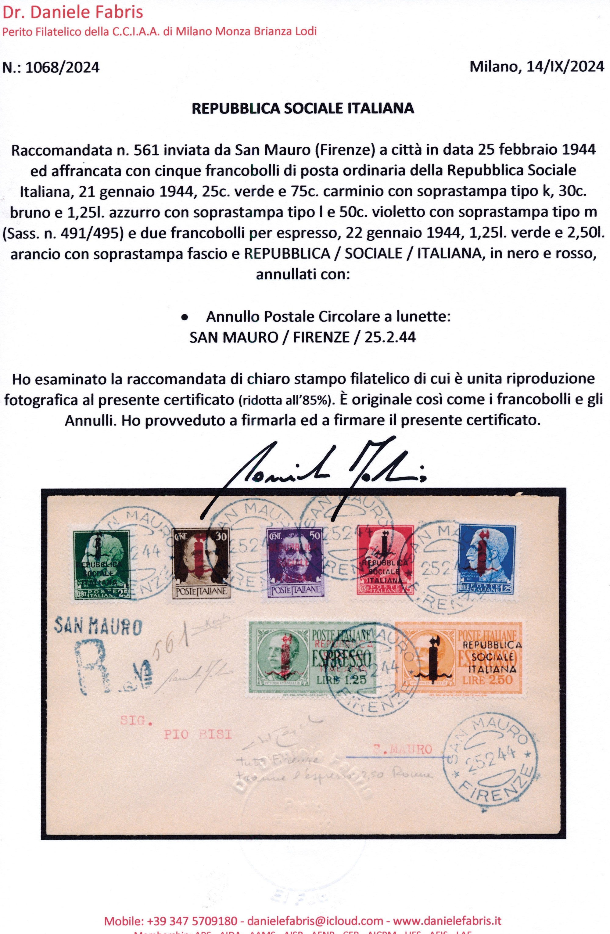 1944 – Repubblica Sociale Italiana – Raccomandata da San Mauro (fi) a Città Affrancata con la Ser...