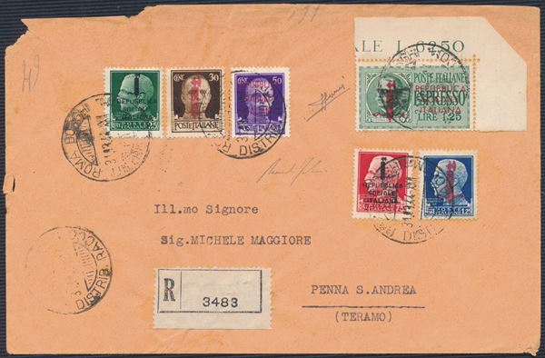 1944 - Repubblica Sociale Italiana – Raccomandata da Roma a Penna S. Andrea (Teramo) affrancata con la serie completa dei francobolli ordinari R.S.I. (Sass. S. 107), e con l’espresso 1,25 lire soprastampa rossa.