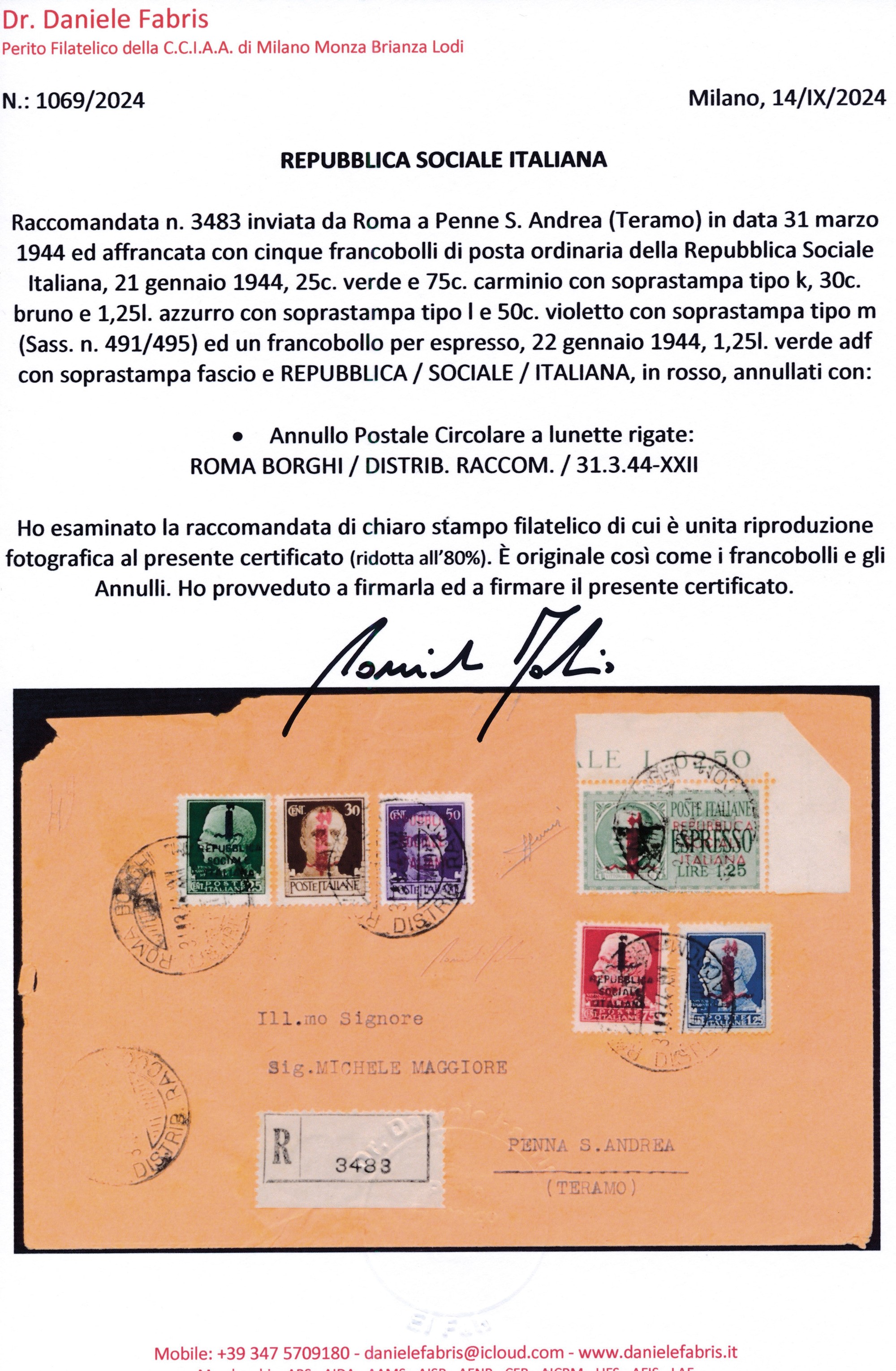 1944 - Repubblica Sociale Italiana – Raccomandata da Roma a Penna S. Andrea (teramo) Affrancata c...