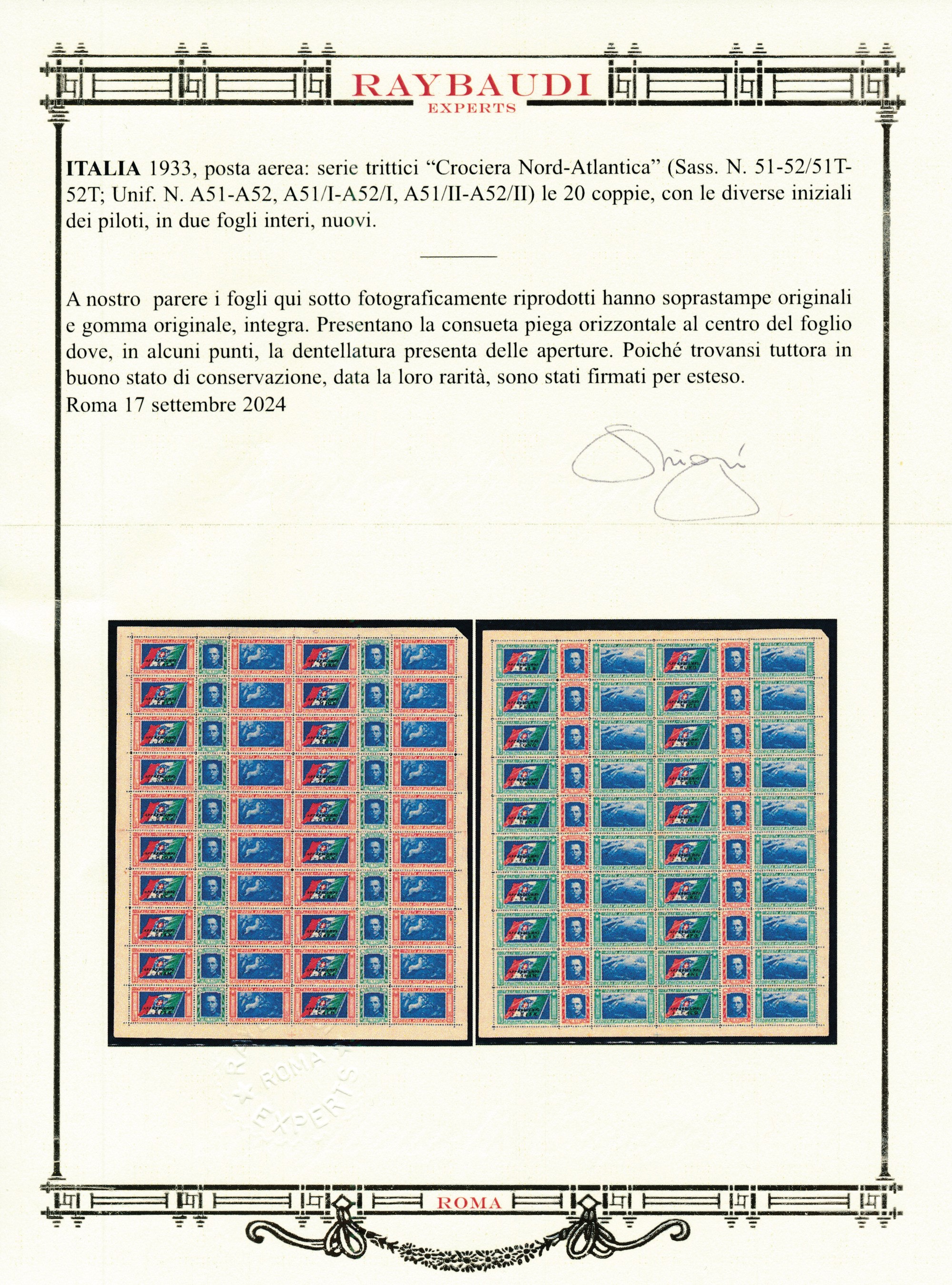 1933 – Regno D’italia – Posta Aerea – Crociera Aerea del Decennale – Trittici - la Serie in Due F...