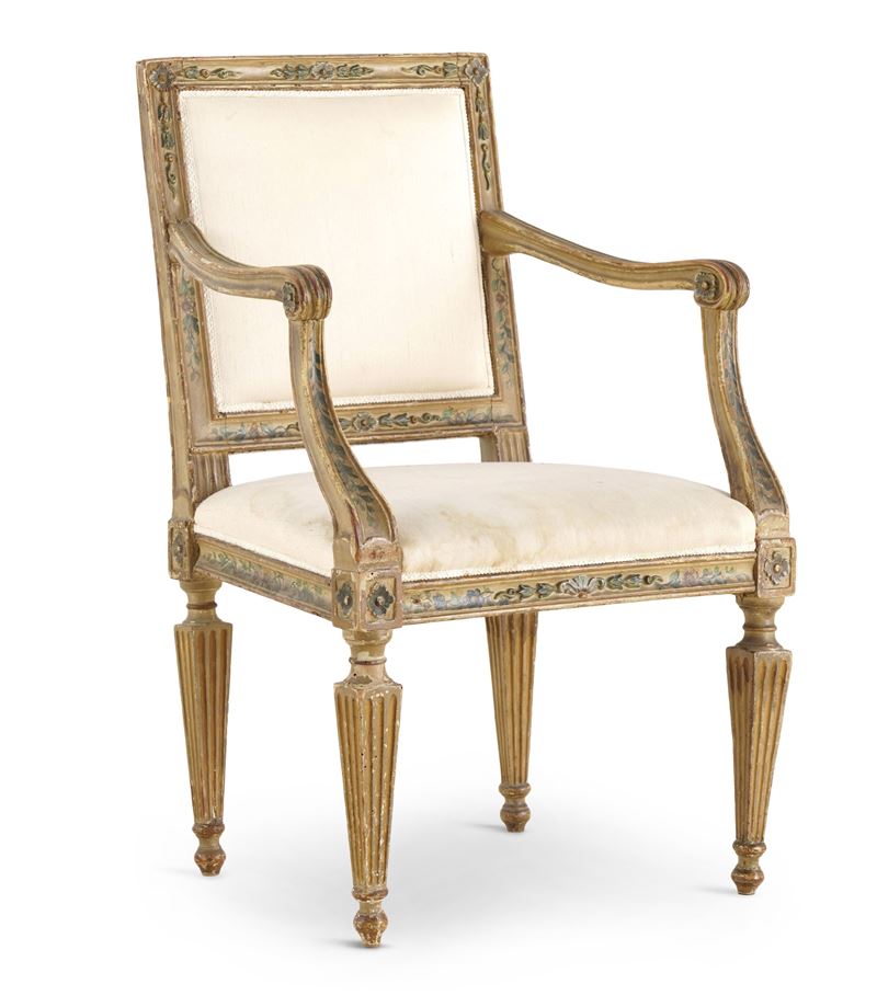 Poltrona Luigi XVI in legno intagliato e dipinto. XVIII secolo  - Auction Antiquariato - Cambi Casa d'Aste