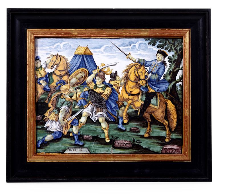 Targa con duello di spade Castelli, bottega Gentili, metà del XVIII secolo   - Asta Maioliche e Porcellane - Cambi Casa d'Aste