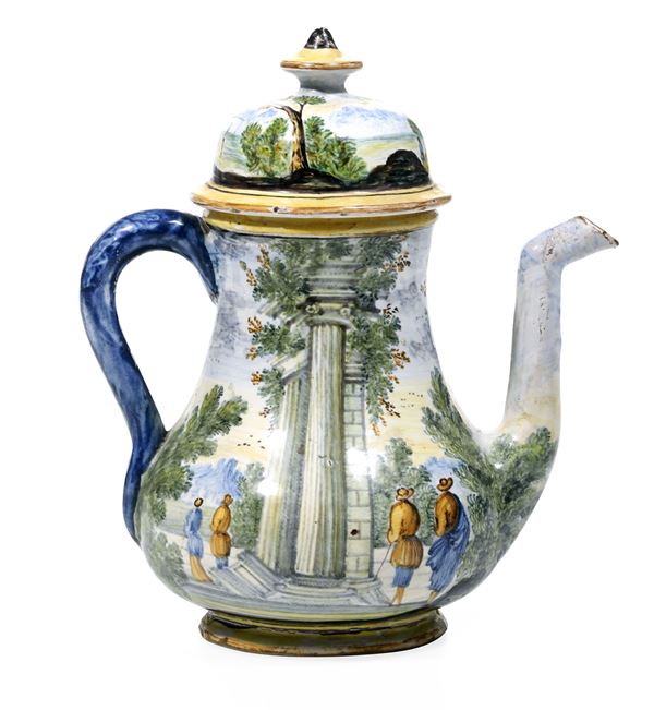 Caffettiera con paesino e rovine  Castelli, fine XVIII o XIX secolo   