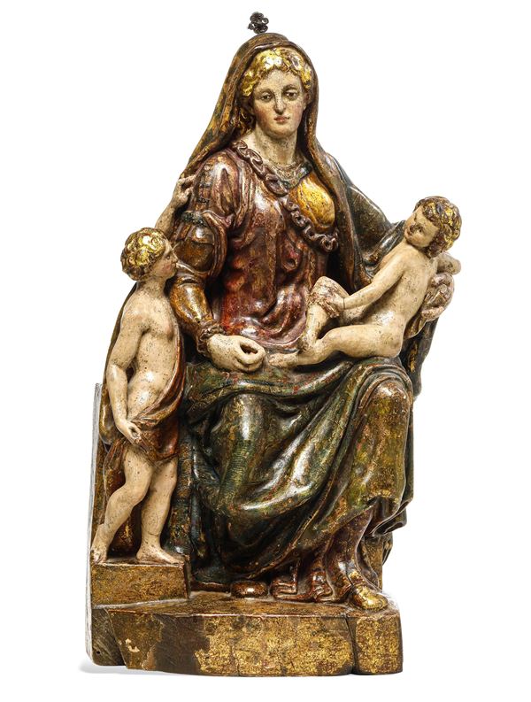 Scultore Spagnolo del XVI secolo Madonna con Bambino e San Giovannino