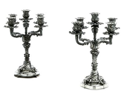 Coppia di Candelabri a Cinque Luci. Maison Mario Buccellati, Marchio con Fascio Littorio in Uso A...