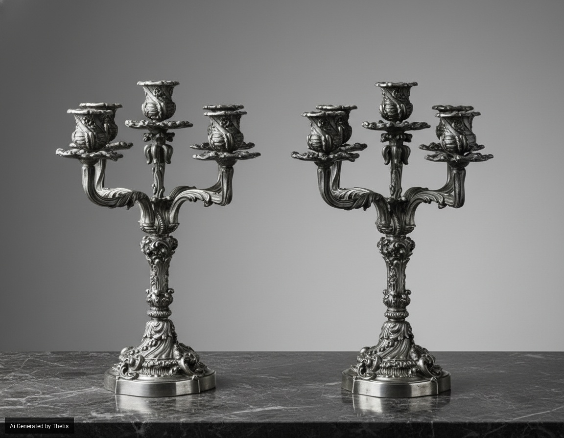 Coppia di Candelabri a Cinque Luci. Maison Mario Buccellati, Marchio con Fascio Littorio in Uso A...