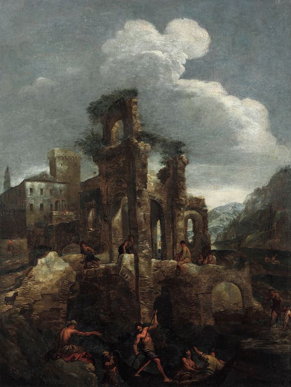 Architetture con figure di pescatori in riva a un fiume