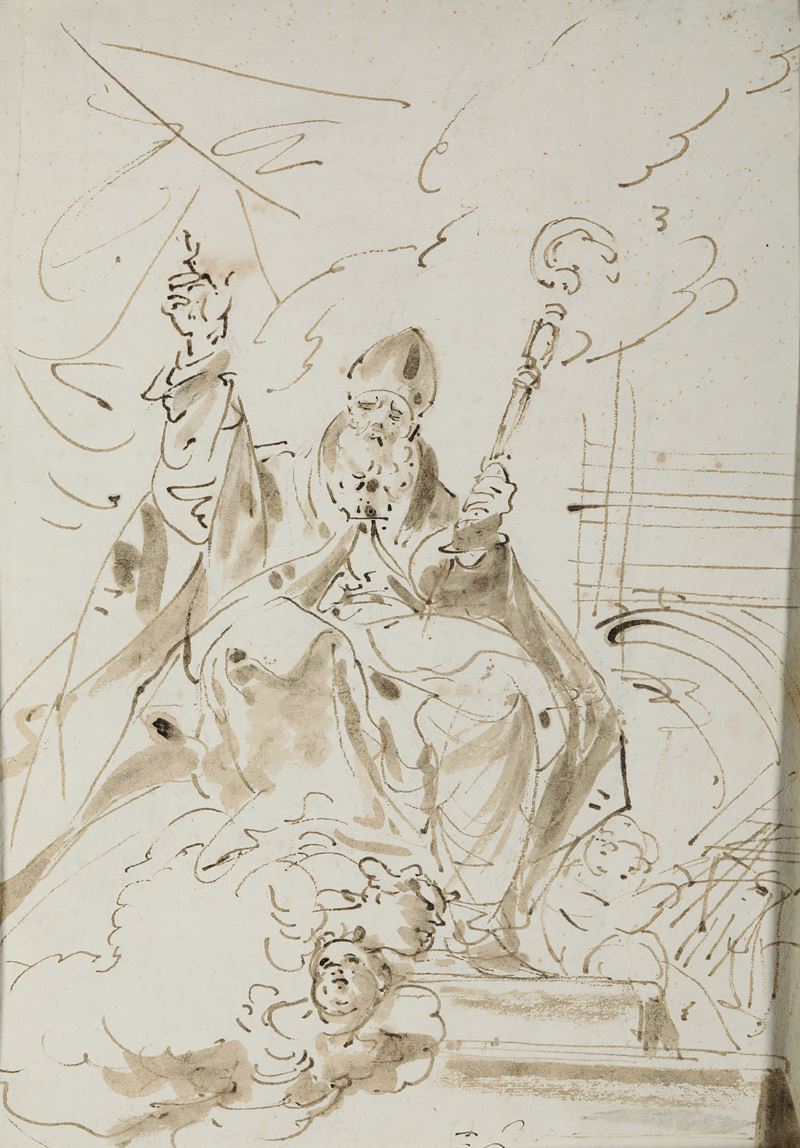 Giambattista Tiepolo : Sant'Ambrogio  - penna, inchiostro e acquerello bruno su carta vergellata e filigranata - Asta Dipinti Antichi - Cambi Casa d'Aste