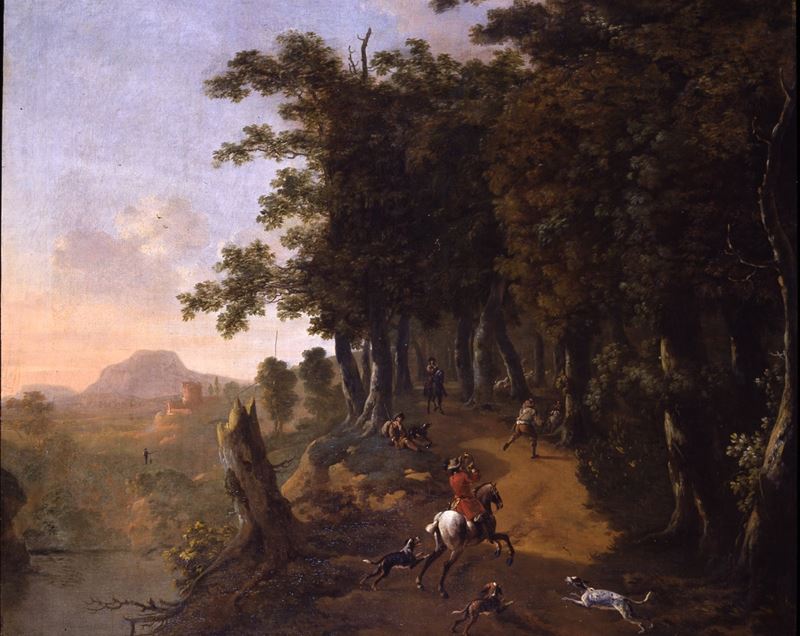 Jan Wyck : Scena di caccia in un bosco  - olio su tela - Asta Dipinti Antichi - Cambi Casa d'Aste