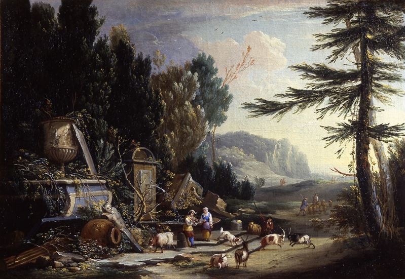 Philips Augustyn Immenraet : Paesaggio con pastori tra ruderi anticheggianti  - olio su tela - Asta Dipinti Antichi - Cambi Casa d'Aste