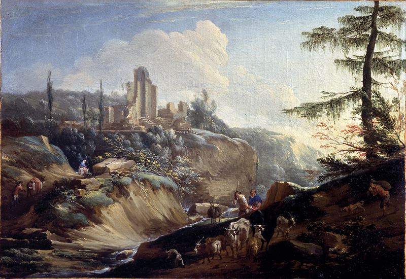Philips Augustyn Immenraet : Paesaggio con pastori e rovine architettoniche sullo sfondo  - olio su tela - Asta Dipinti Antichi - Cambi Casa d'Aste