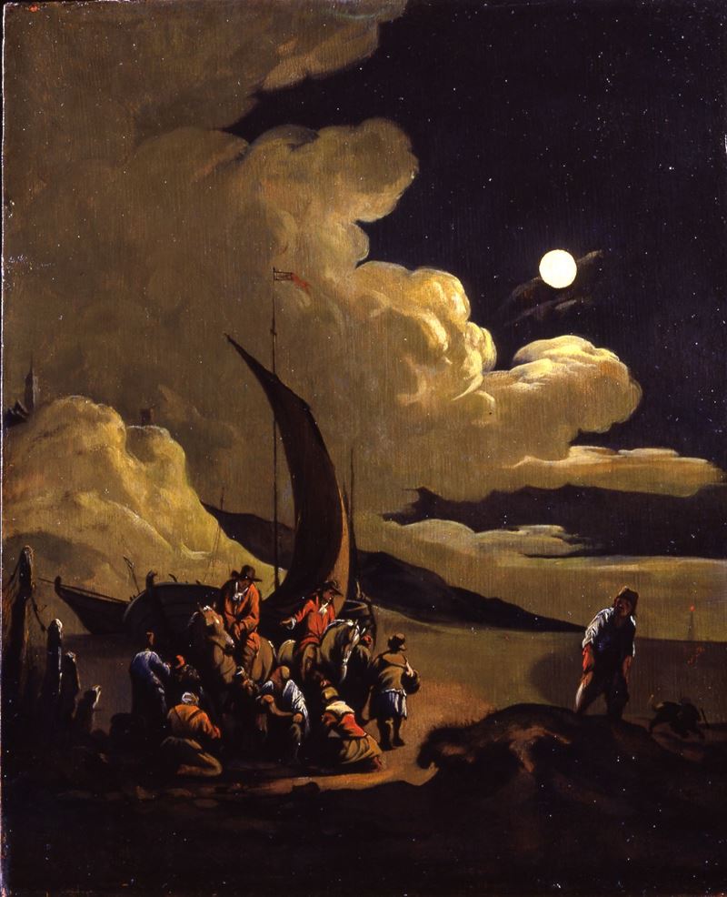 Egbert van der Poel : Notturno con uomini, donne e cavalli sulla riva del mare  - olio su tavola - Auction Old Masters - Cambi Casa d'Aste