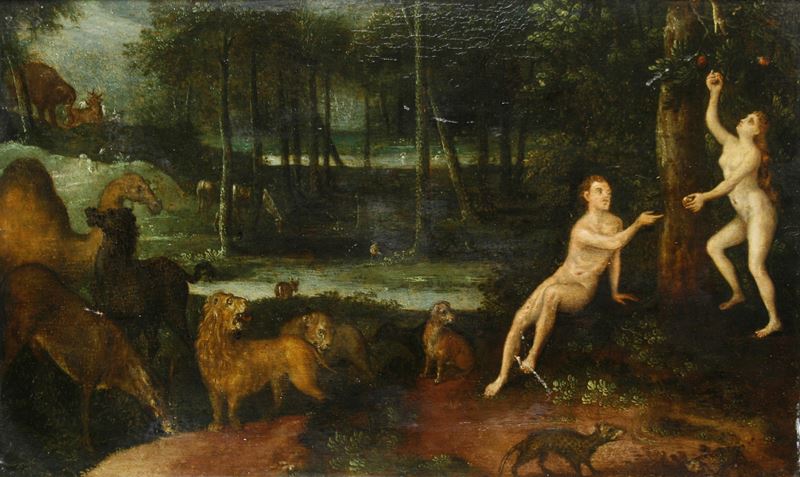 Isaak van Oosten : Adamo ed Eva nel Paradiso terrestre  - olio su tavola - Auction Old Masters - Cambi Casa d'Aste
