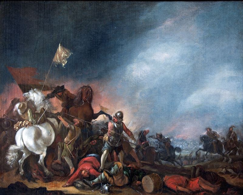 Jacob Weyer (attivo ad Amburgo alla metà del XVII secolo) : Scontro di cavalleria  - olio su tavola - Asta Dipinti Antichi - Cambi Casa d'Aste