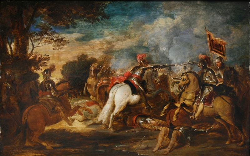Scuola del XVII secolo Scontro di cavalleria  - olio su tavola - Auction Old Masters - Cambi Casa d'Aste