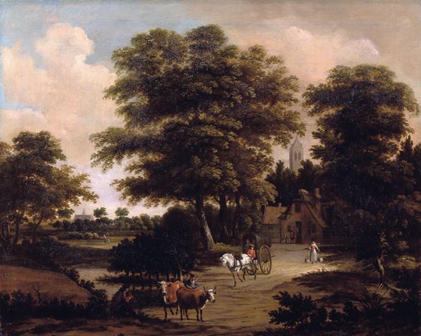 Paesaggio alberato con viandanti presso una fattoria