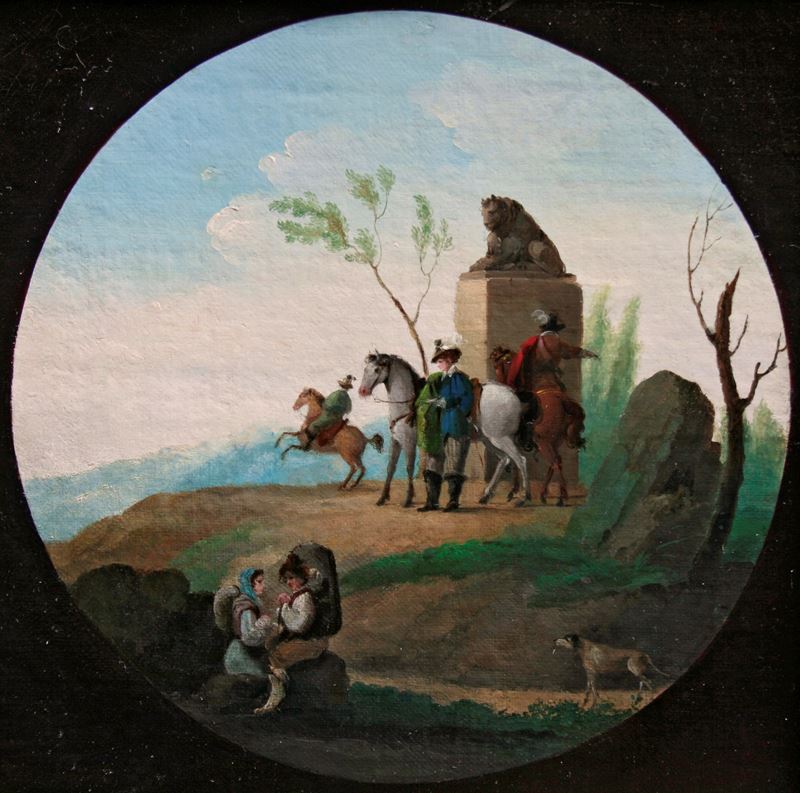 Giuseppe Bernardino Bison : Paesaggio con cavalieri davanti ad un monumento con leone  - olio su tela - Asta Dipinti Antichi - Cambi Casa d'Aste