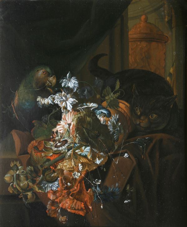 Natura morta con fiori, gatto e pappagallo