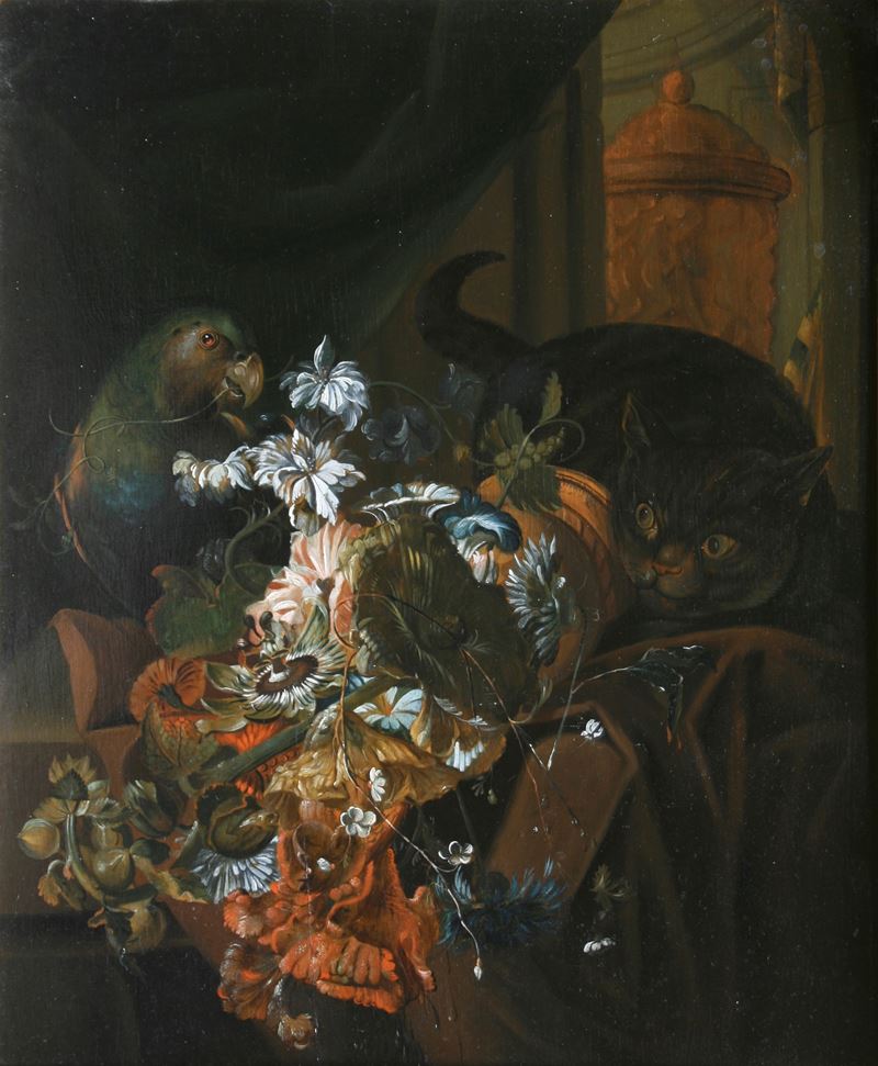 Johann Martin Metz : Natura morta con fiori, gatto e pappagallo  - olio su tavola - Auction Old Masters - Cambi Casa d'Aste