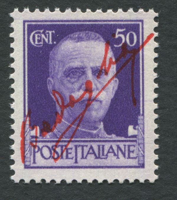 1943 - Luogotenenza - 50 cent. violetto “Imperiale” con soprastampa tipografica in rosso vermiglio “firma di Badoglio” in diagonale, non emesso, gomma integra.
