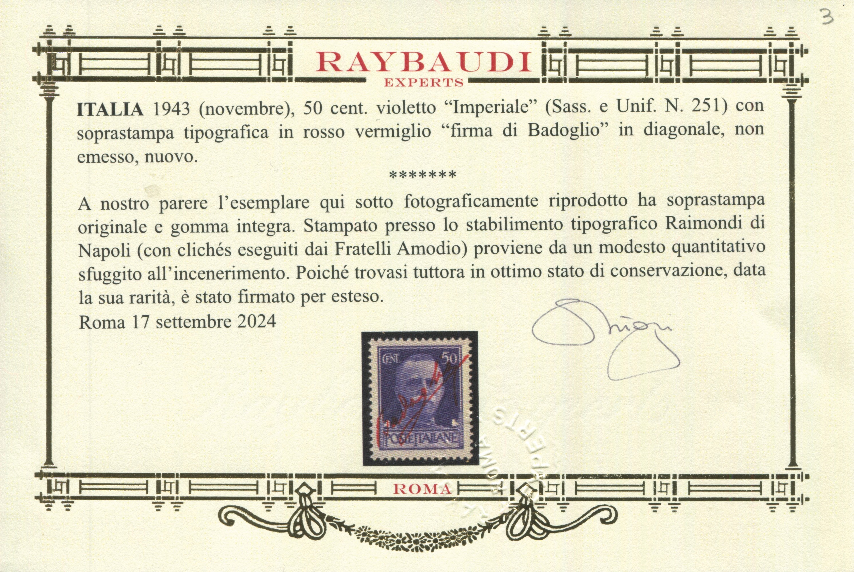 1943 - Luogotenenza - 50 Cent. Violetto “imperiale” con Soprastampa Tipografica in Rosso Vermigli...