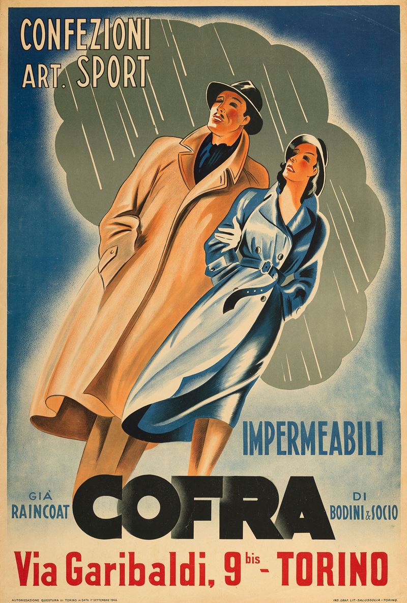 Anonimo : Confezioni Articoli Sportivi - Impermeabili Cofra  - Auction POP Culture and Vintage Posters - Cambi Casa d'Aste
