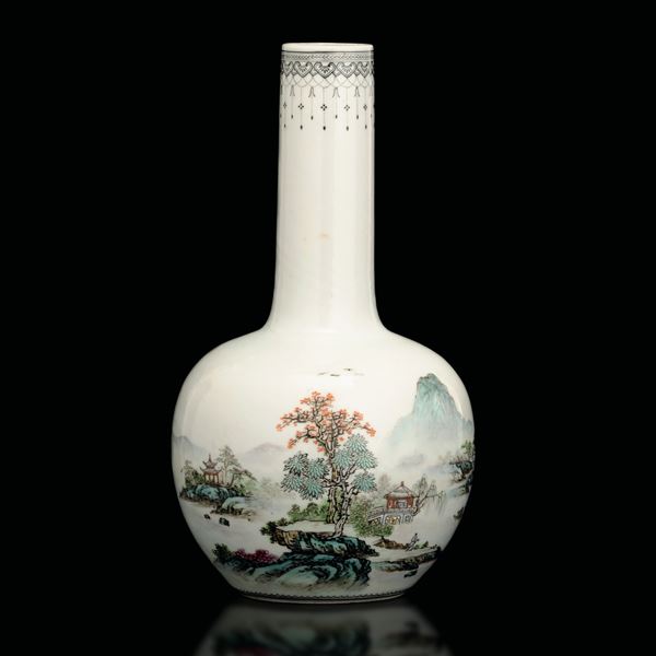 Vaso a bottiglia in porcellana raffigurante scena paesaggistica, Cina, Repubblica