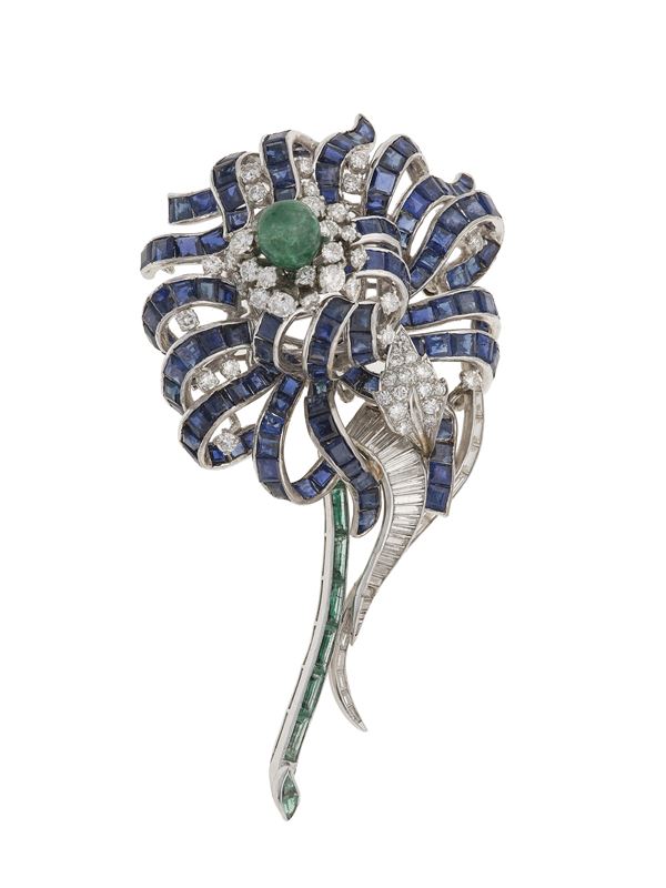 Sapphire, emerald, diamond and low-karat gold brooch