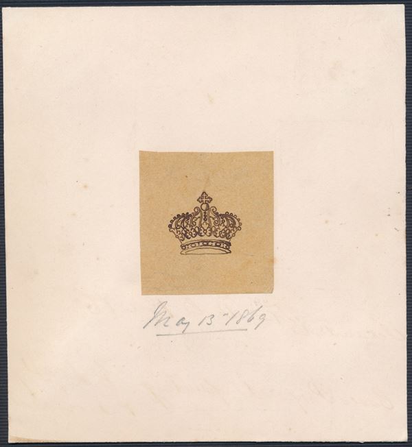 1869 – Regno d’Italia - Cartoncino, proveniente da un complesso di documenti della casa De La Rue datati 1869, con disegno a china di un nuovo tipo di filigrana “corona” preparato nel 1869 in vista di una sua eventuale adozione per i francobolli d’Italia, poi adottato. Reca l’annotazione “May 13 1869”.