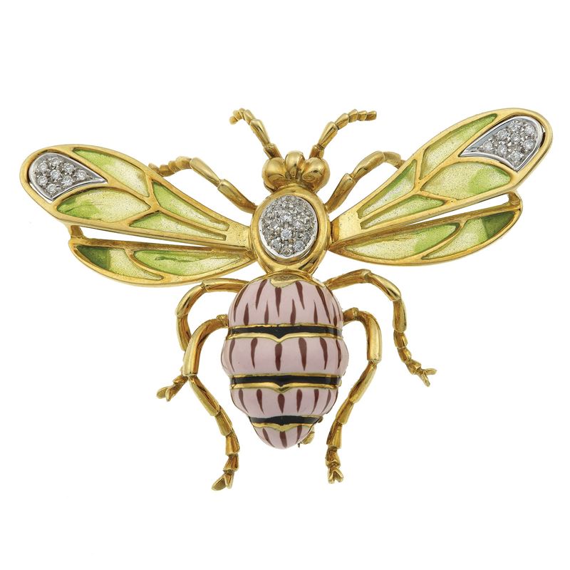 "Plique-à-jour" enamel, enamel, diamond and gold brooch  - Auction Fine Jewels - Cambi Casa d'Aste