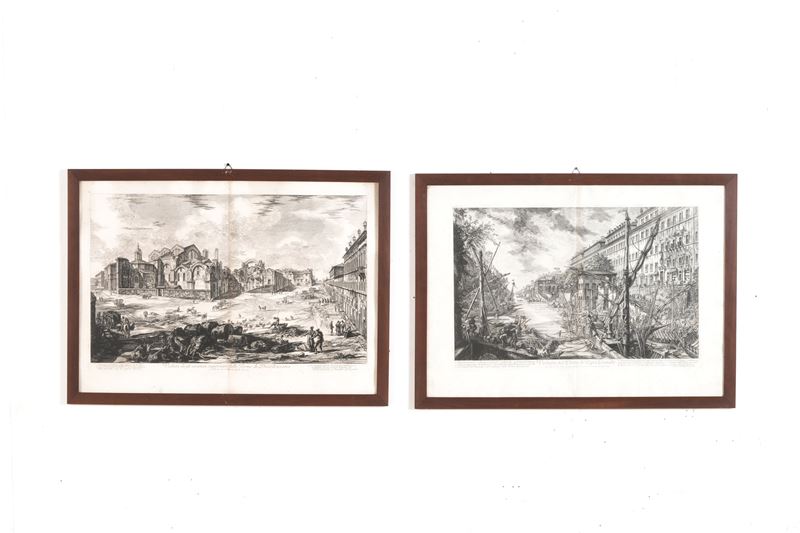 Piranesi Giovanni Battista (1720–1778) Veduta degli avanzi superiori delle terme di Diocleziano / Veduta del Porto di Ripa Grande  - Asta Libri Antichi e Rari - Cambi Casa d'Aste