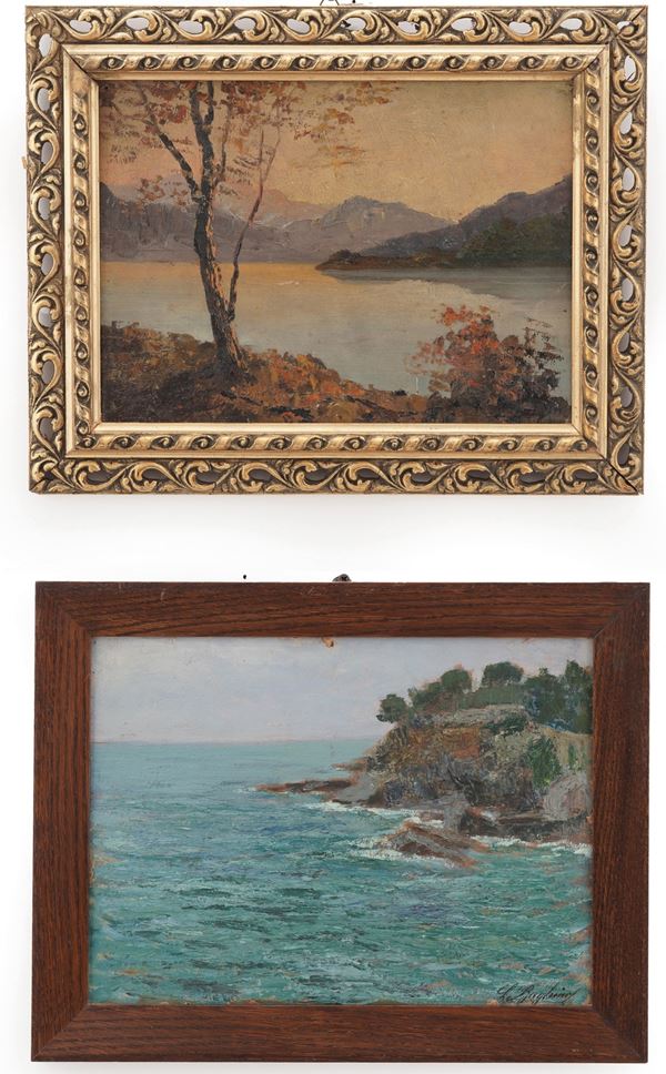 Scuola del XX secolo Marina / Paesaggio lacustre al tramonto