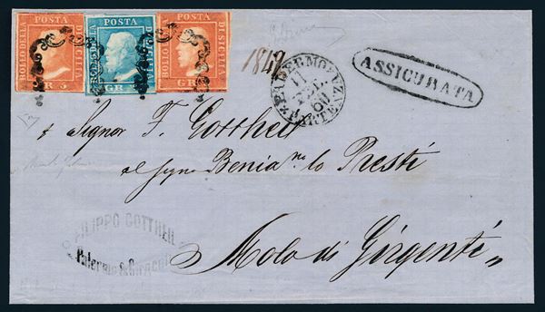1860 - Sovracoperta per assicurata da Palermo a Molo di Girgenti dell’11 febbraio affrancata con, 1859, 2 grana azzurro chiaro, carta di Palermo, III tavola, e due esemplari del 5 grana vermiglio, II  tavola (Sass. 8 e 11).
