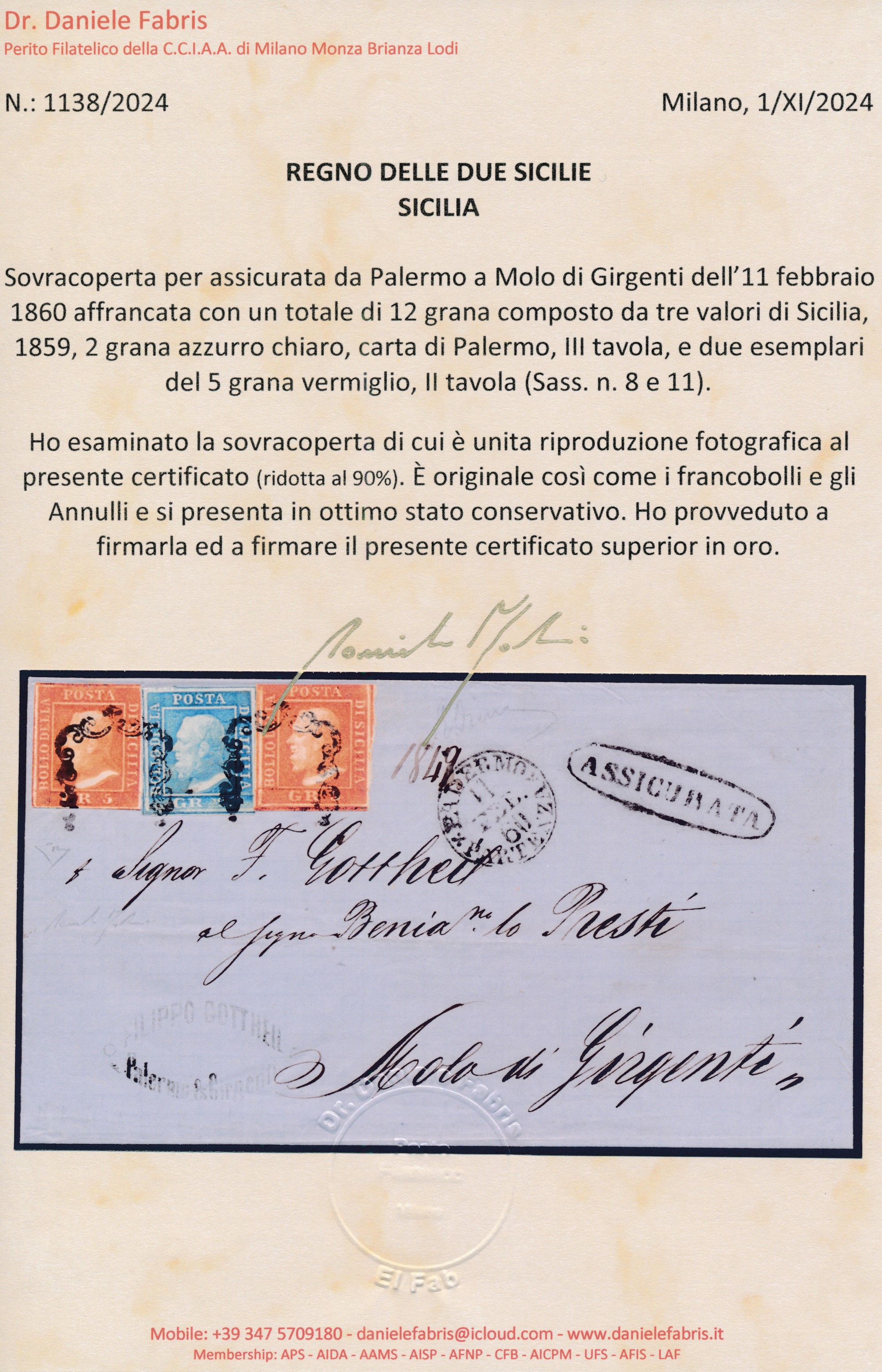 1860 - Sovracoperta per Assicurata da Palermo a Molo di Girgenti Dell’11 Febbraio Affrancata Con,...
