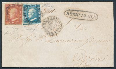 1860 - Sovracoperta per Assicurata da Palermo a Vizzini del 24 Marzo Affrancata Con, 1859, 2 Gran...