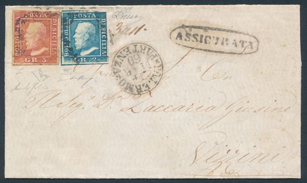 1860 - Sovracoperta per assicurata da Palermo a Vizzini del 24 marzo affrancata con, 1859, 2 grana azzurro chiaro, carta di Palermo, III tavola e 5 grana rosa vermiglio, I tavola (Sass. 8 e 9e)