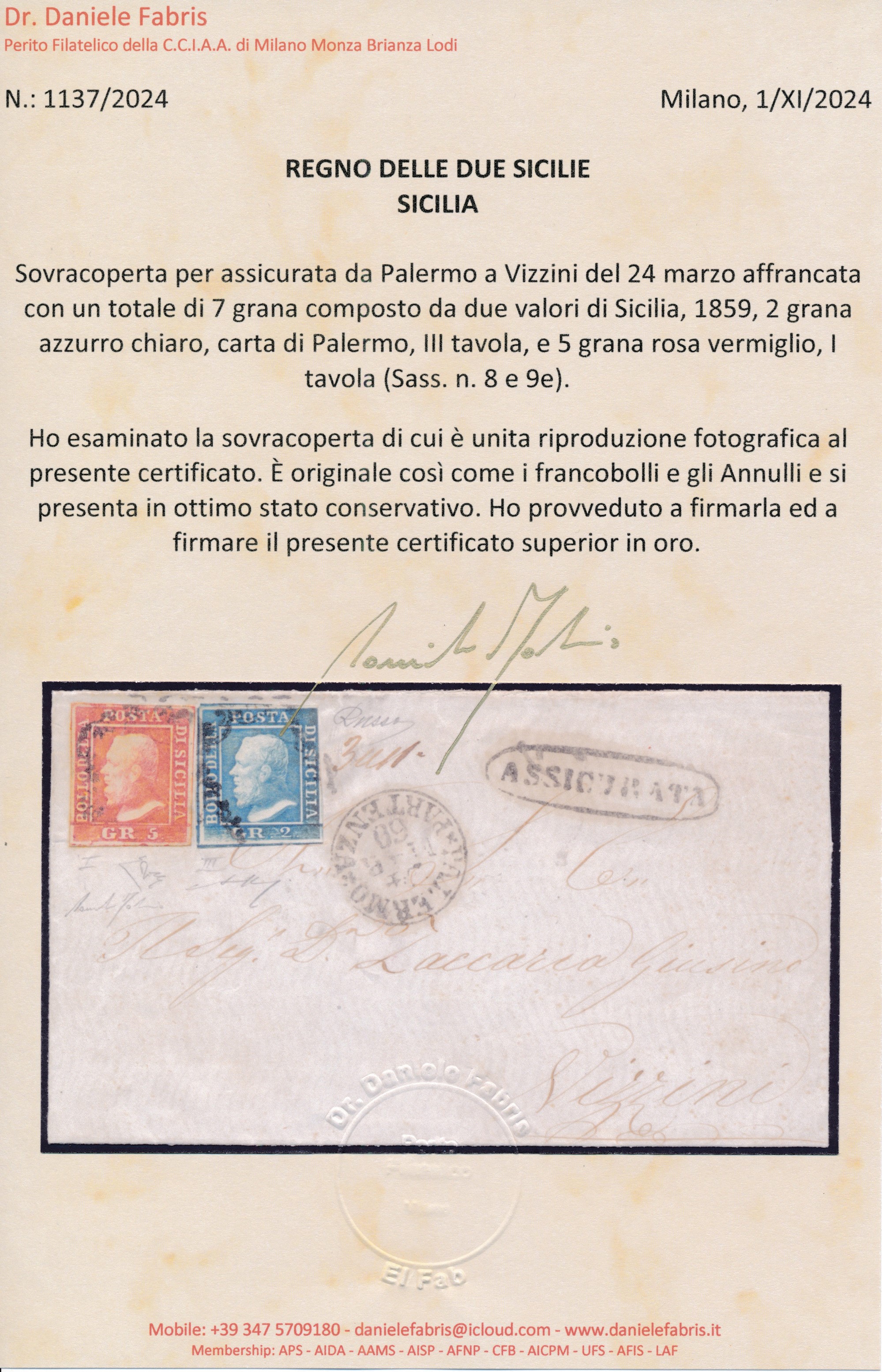 1860 - Sovracoperta per Assicurata da Palermo a Vizzini del 24 Marzo Affrancata Con, 1859, 2 Gran...
