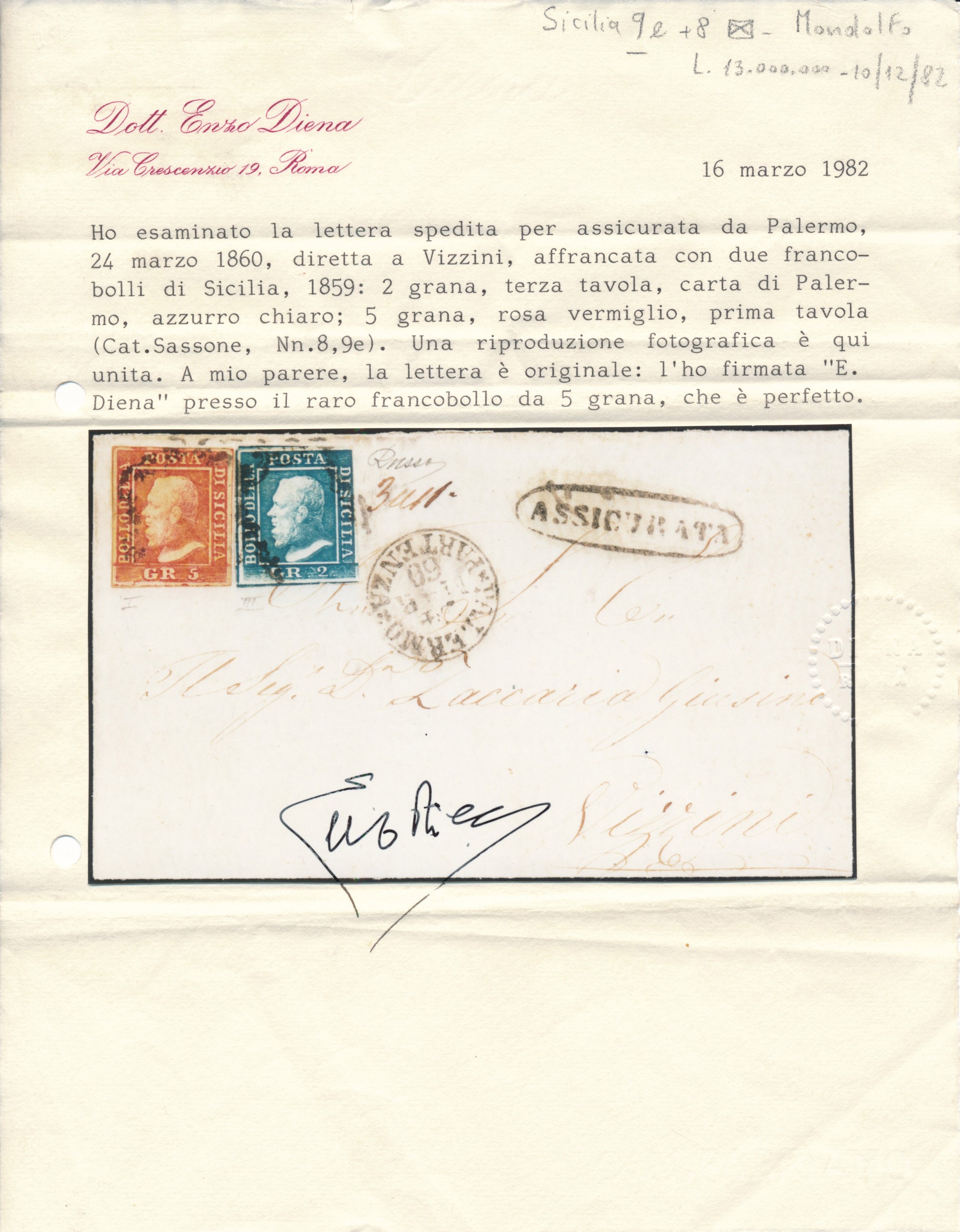 1860 - Sovracoperta per Assicurata da Palermo a Vizzini del 24 Marzo Affrancata Con, 1859, 2 Gran...