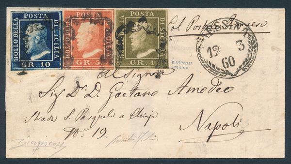 1860 - Letterina da Messina a Napoli del v12 marzo affrancata con, 1859, 1 grano verde oliva scuro, carta di Napoli, III tavola, 5 grana vermiglio vivo, II tavola e 10 grana indaco nero (Sass. 5b, 11a e 12a).