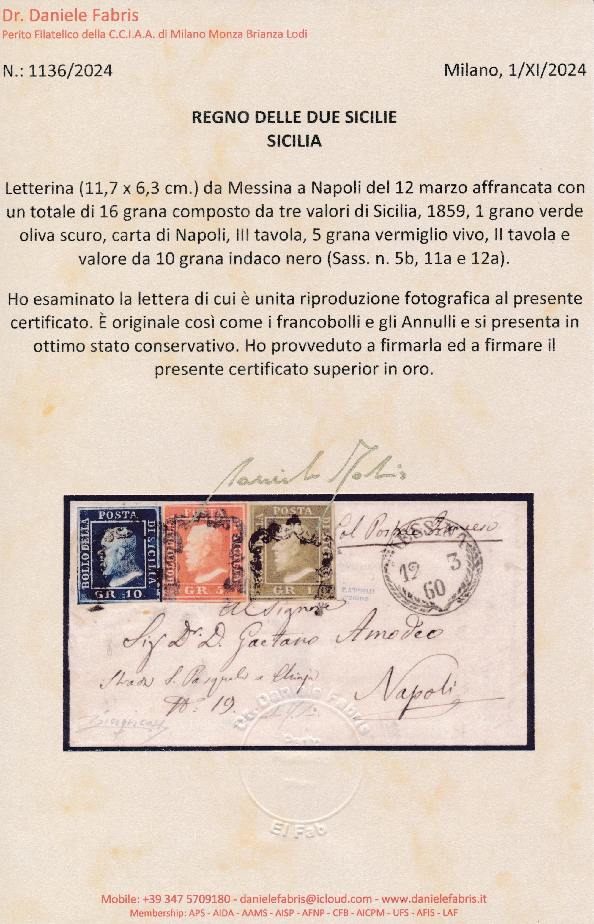 1860 - Letterina da Messina a Napoli del V12 Marzo Affrancata Con, 1859, 1 Grano Verde Oliva Scur...